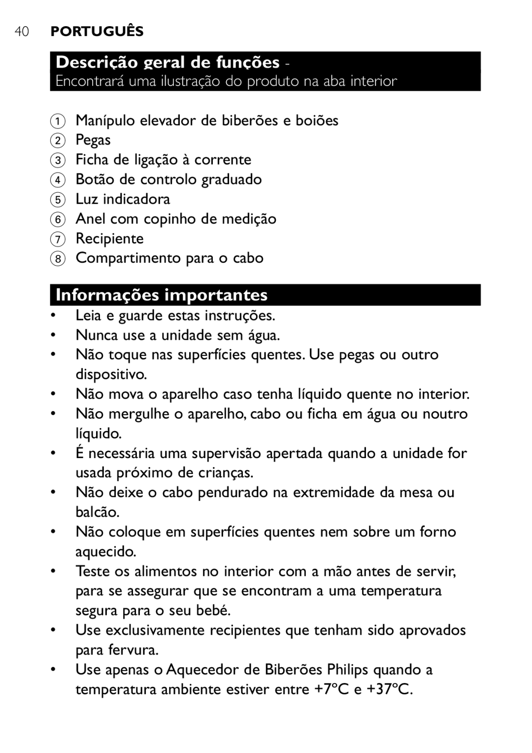 Philips SCF250 Descrição geral de funções, Informações importantes, Encontrará uma ilustração do produto na aba interior 