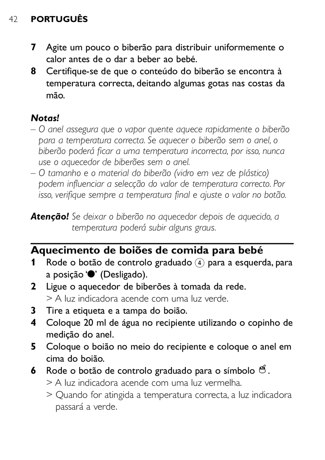 Philips SCF250 user manual Aquecimento de boiões de comida para bebé, Notas 