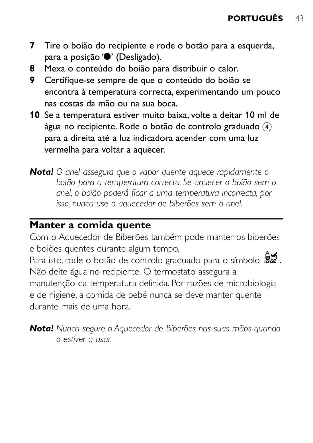 Philips SCF250 user manual Manter a comida quente 