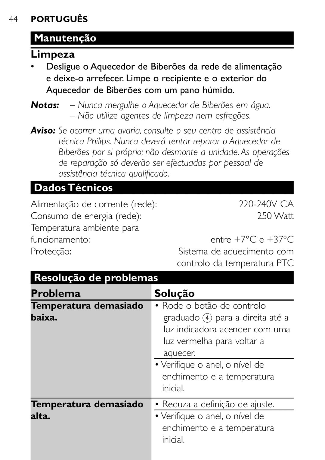 Philips SCF250 user manual Manutenção, Limpeza, Dados Técnicos, Resolução de problemas, Problema Solução 