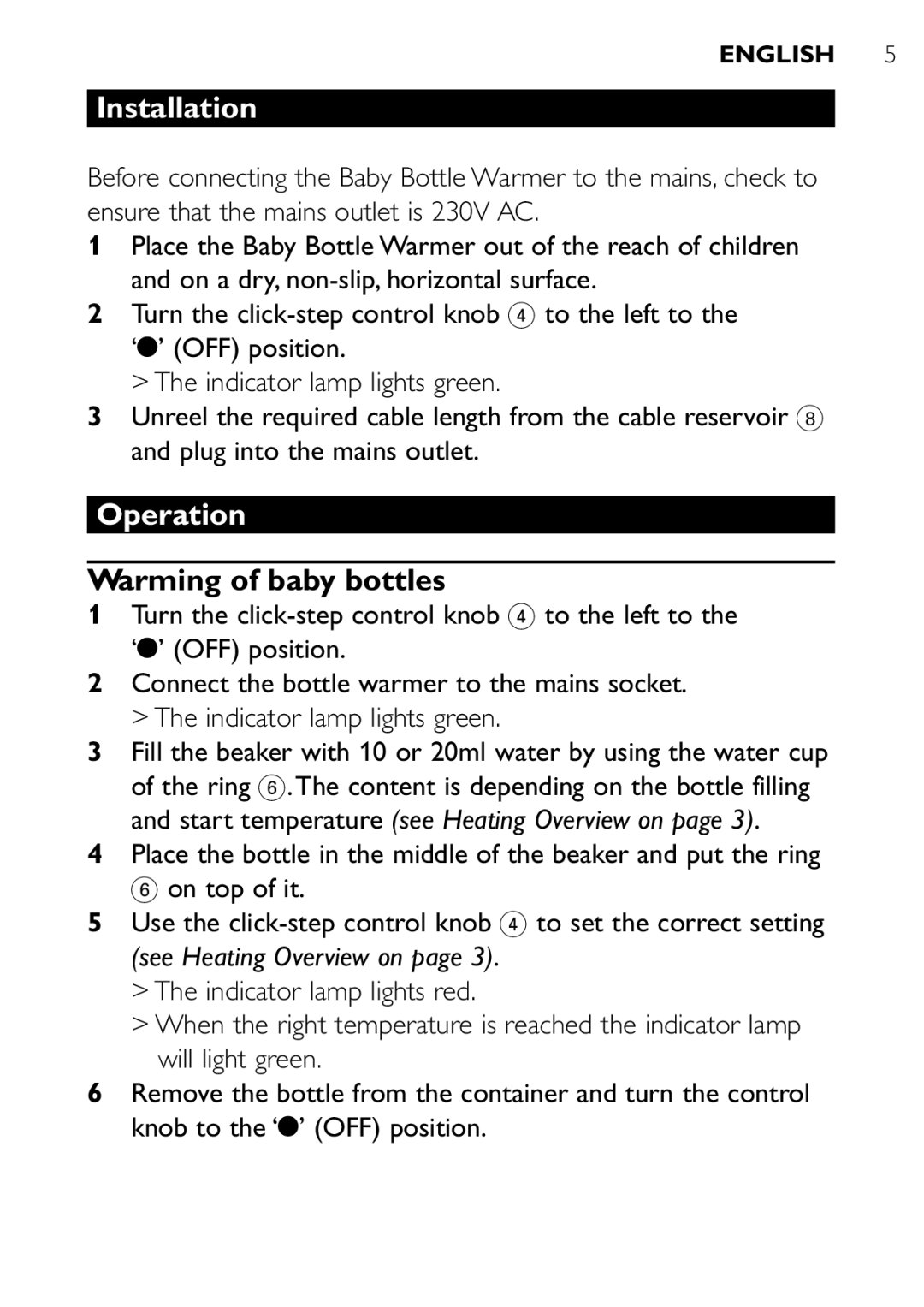 Philips SCF250 user manual Installation, Operation, Warming of baby bottles 