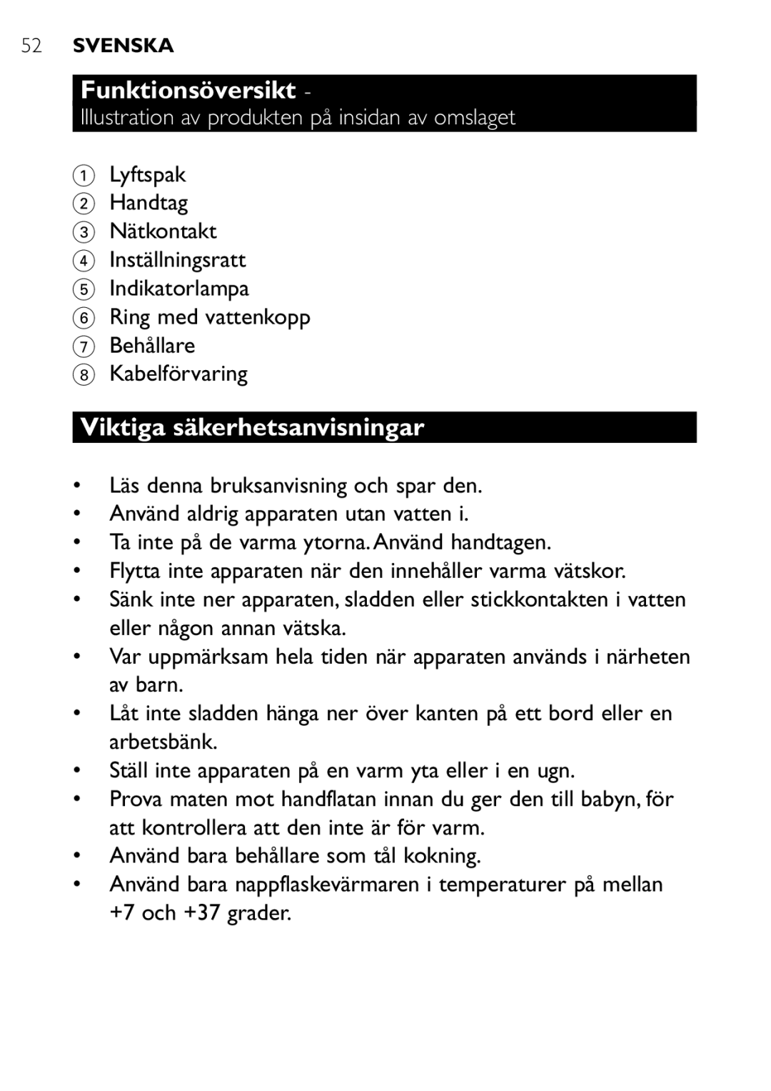 Philips SCF250 Funktionsöversikt, Viktiga säkerhetsanvisningar, Illustration av produkten på insidan av omslaget 