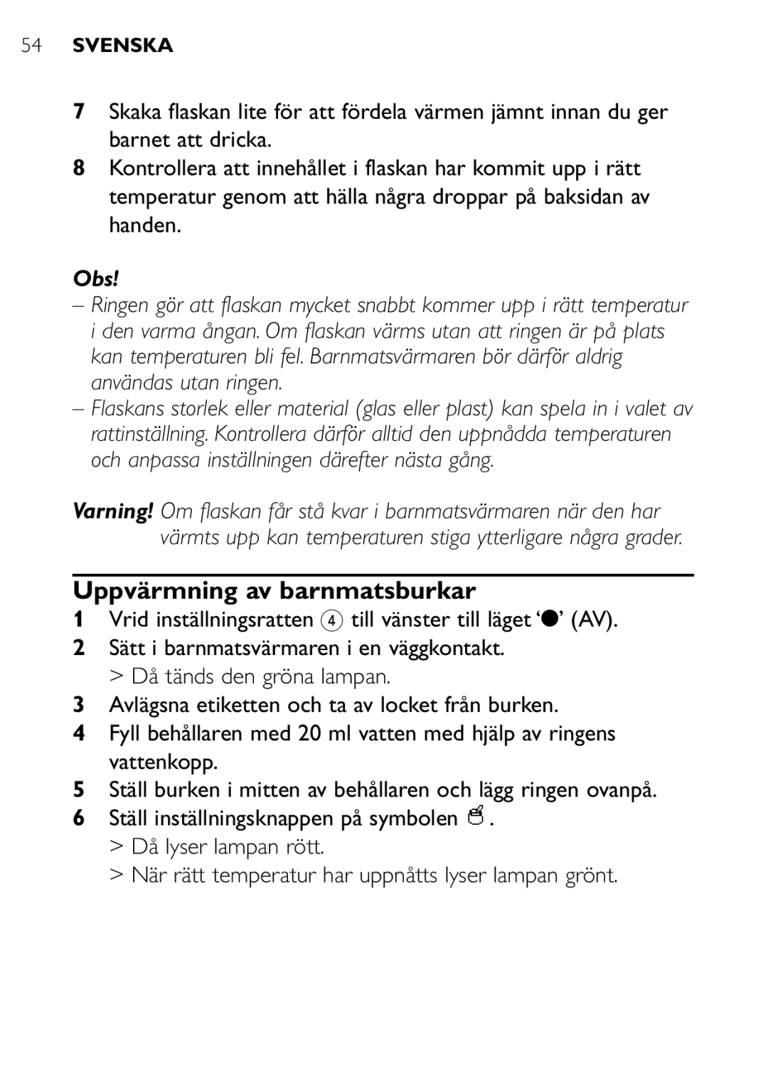 Philips SCF250 user manual Uppvärmning av barnmatsburkar, Obs 