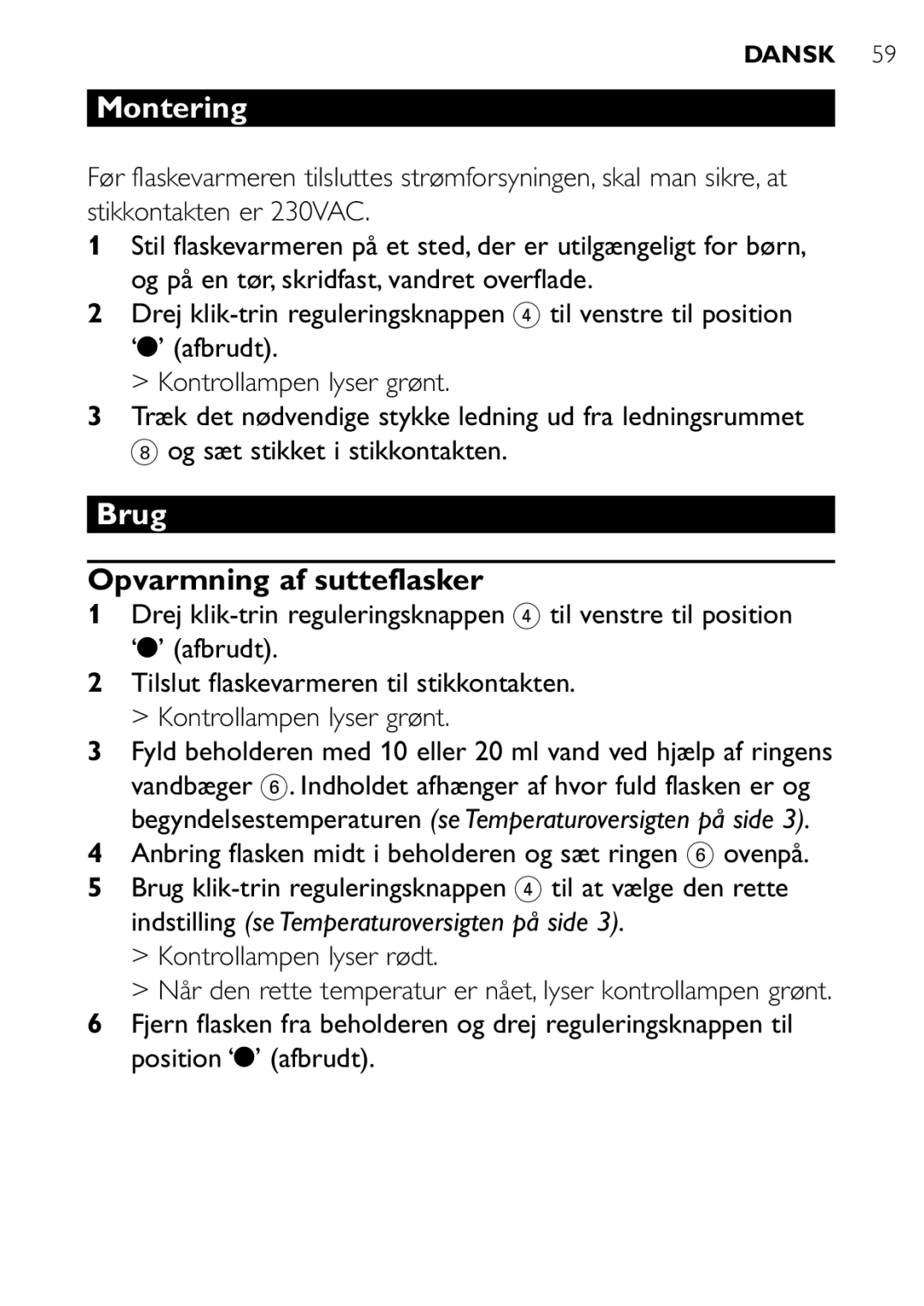 Philips SCF250 user manual Montering, Brug, Opvarmning af sutteflasker 