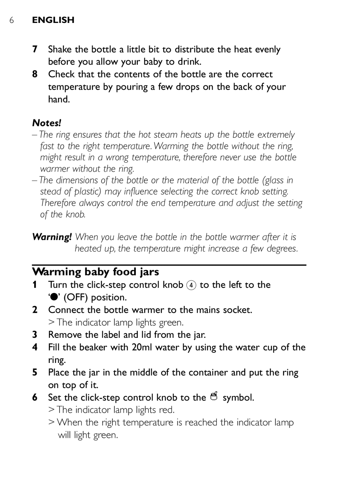 Philips SCF250 user manual Warming baby food jars 