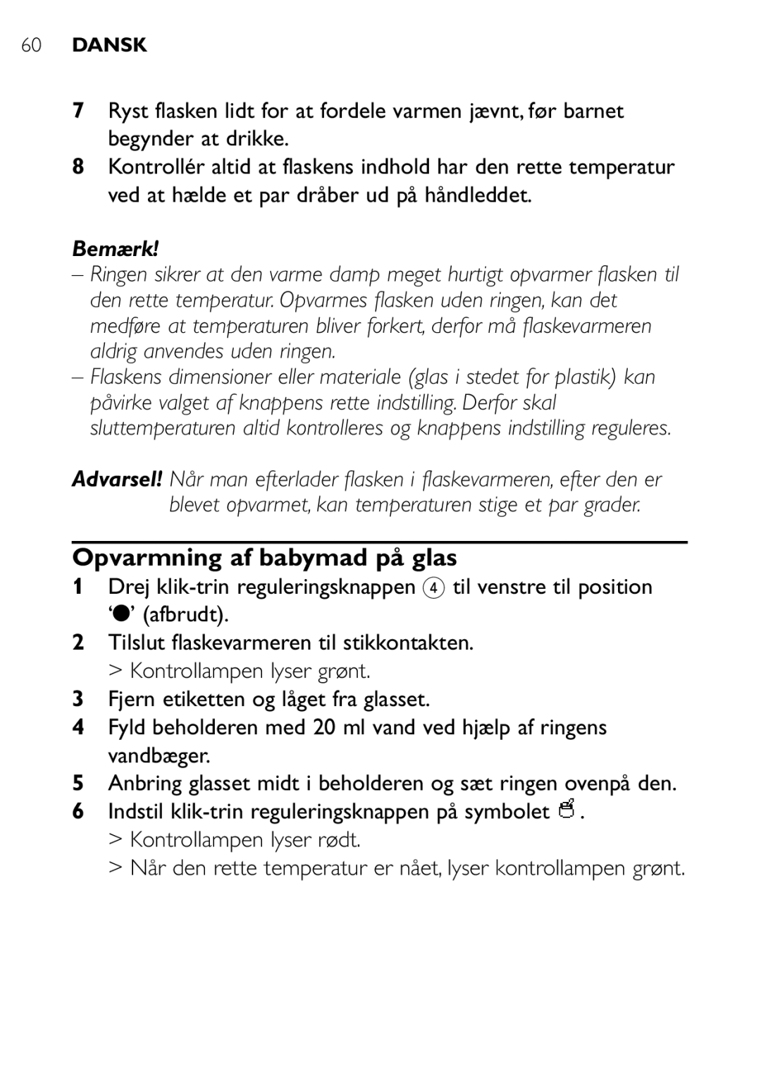 Philips SCF250 user manual Opvarmning af babymad på glas, Bemærk 