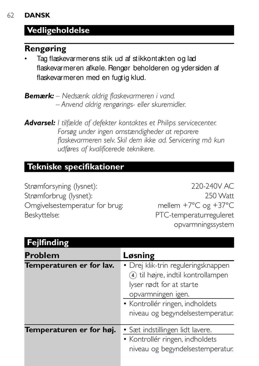 Philips SCF250 user manual Vedligeholdelse, Rengøring, Tekniske specifikationer, Fejlfinding, ProblemLøsning 