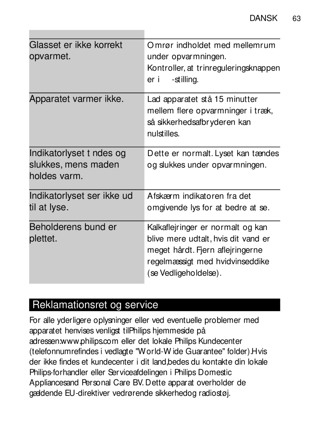 Philips SCF250 user manual Reklamationsret og service 