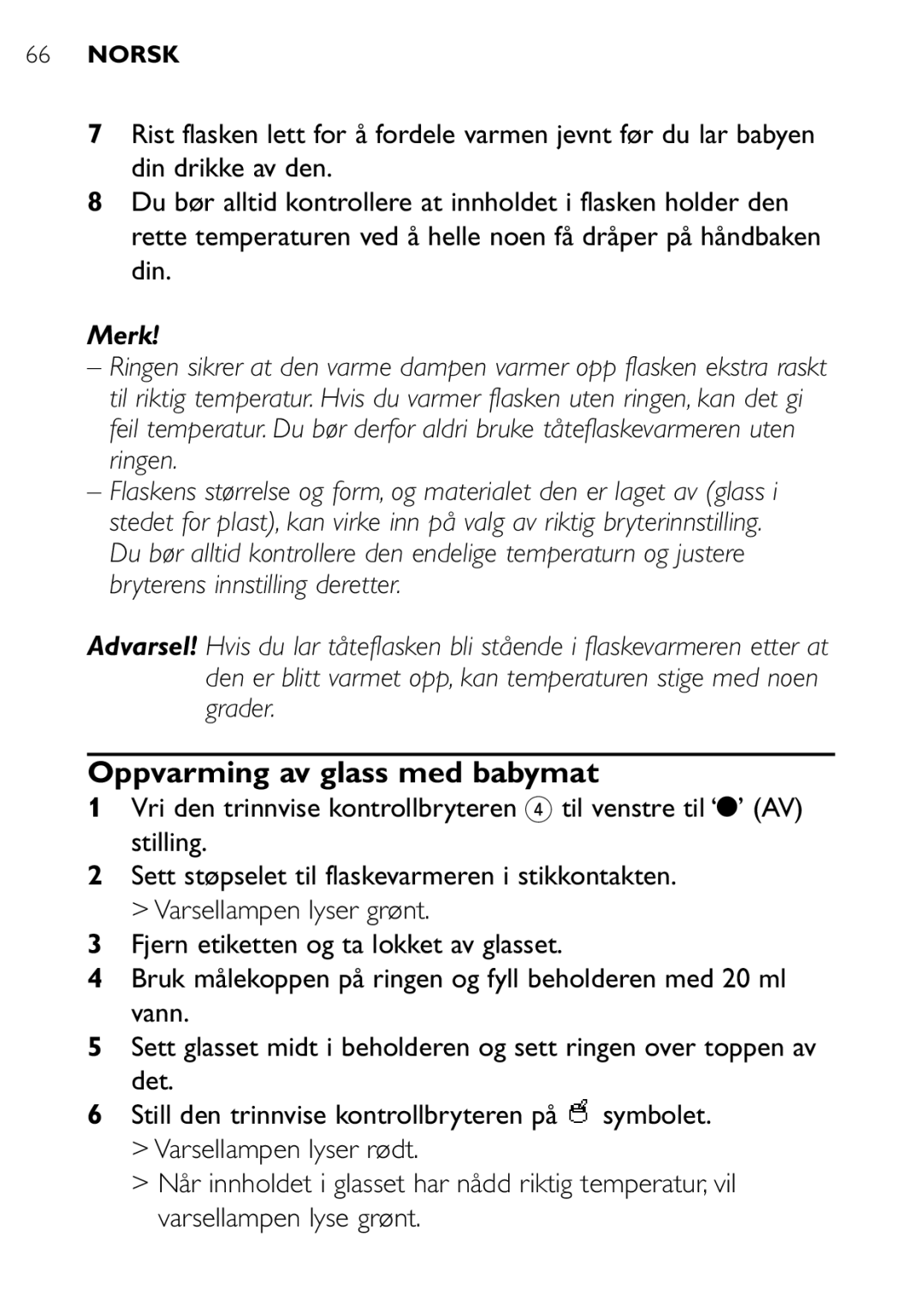 Philips SCF250 user manual Oppvarming av glass med babymat, Merk 