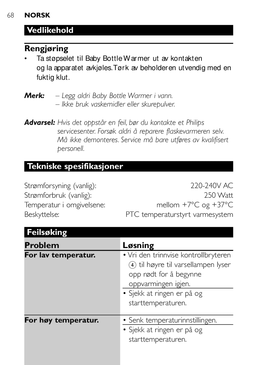 Philips SCF250 user manual Vedlikehold, Rengjøring, Tekniske spesifikasjoner, Feilsøking, Problem Løsning 