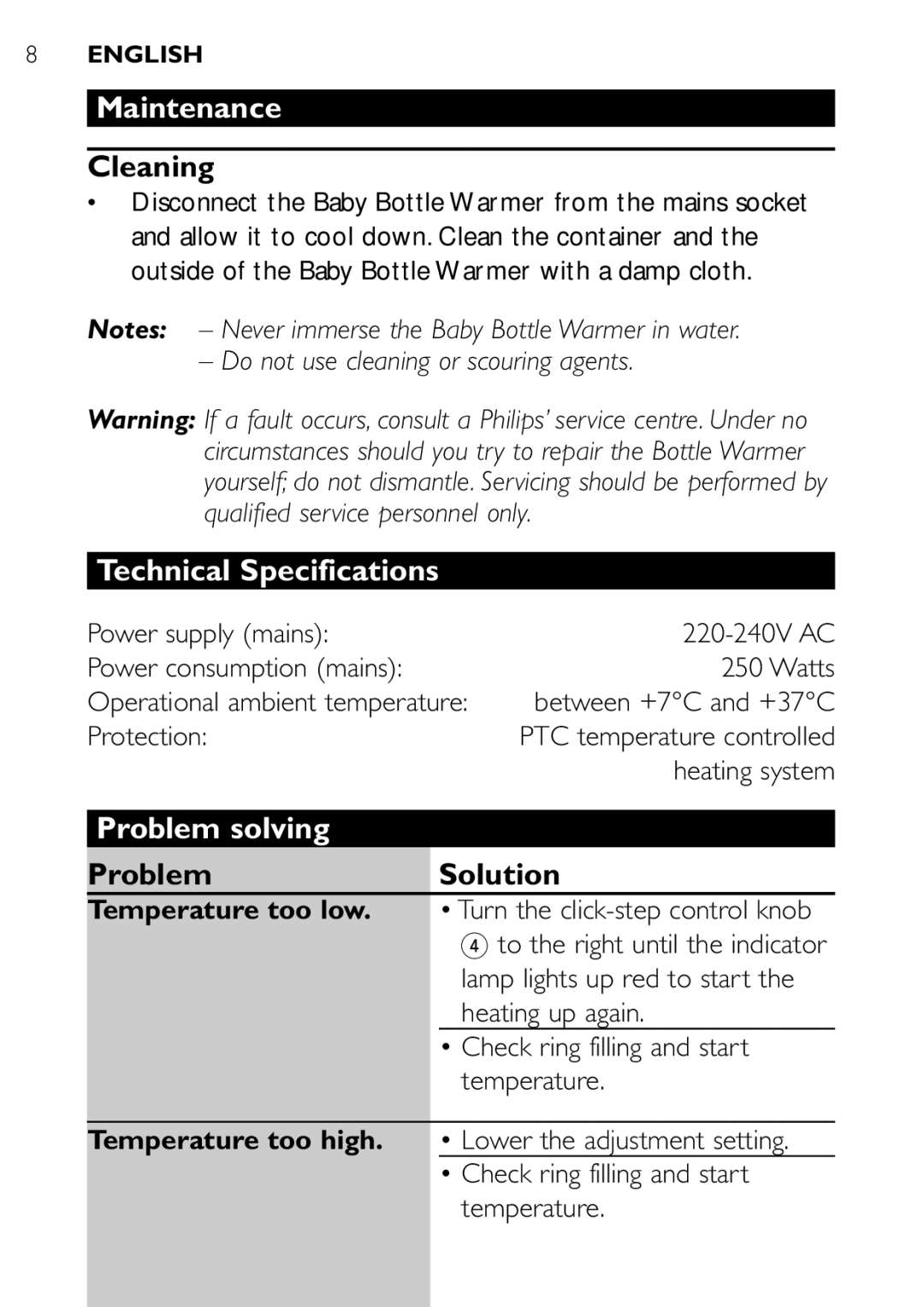 Philips SCF250 user manual Maintenance, Cleaning, Technical Specifications, Problem solving, Problem Solution 