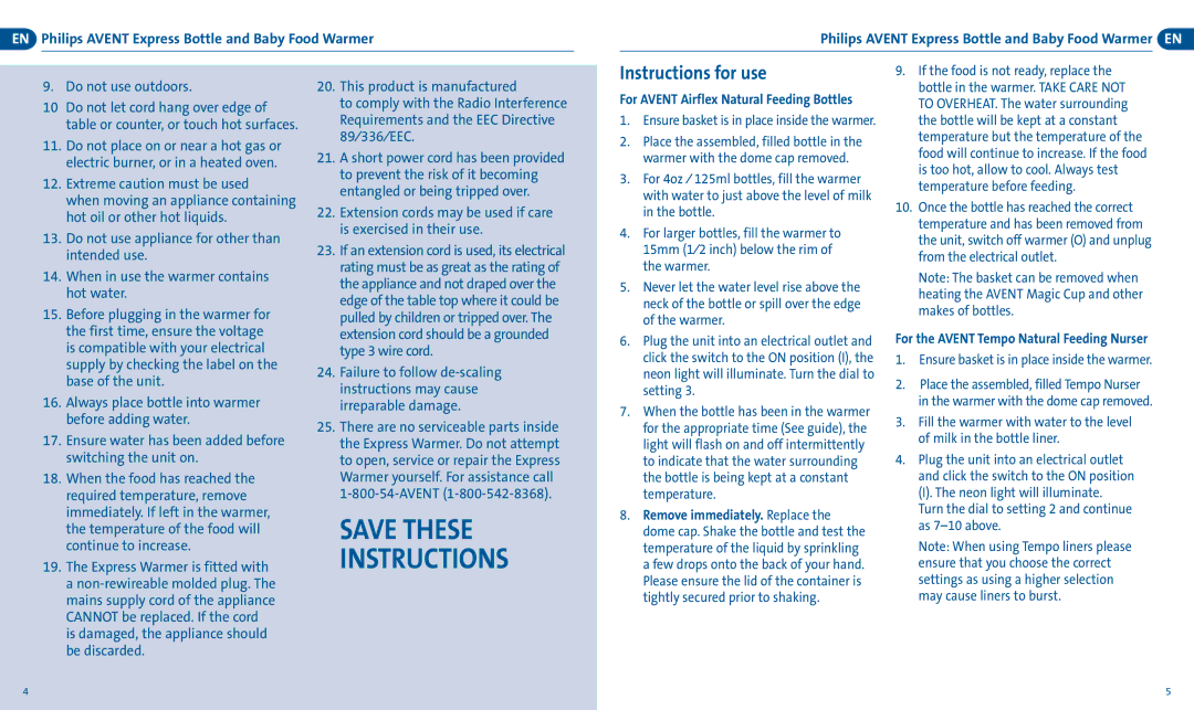 Philips SCF255/33 Save These Instructions, Instructions for use, EN Philips Avent Express Bottle and Baby Food Warmer 