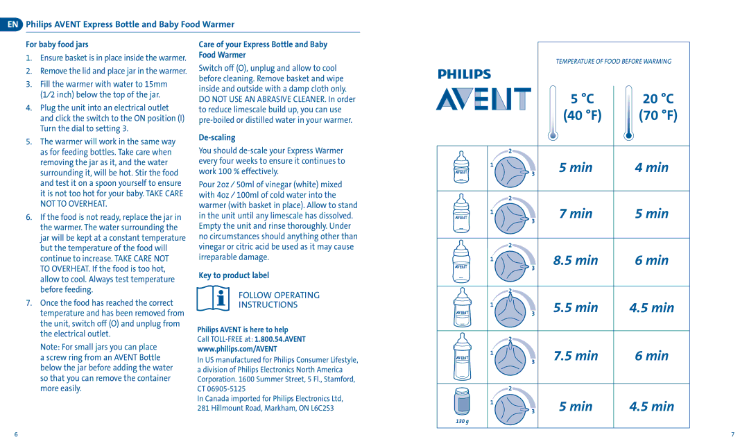 Philips SCF255/33 20 C, 40 F 70 F, Care of your Express Bottle and Baby Food Warmer, De-scaling, Key to product label 