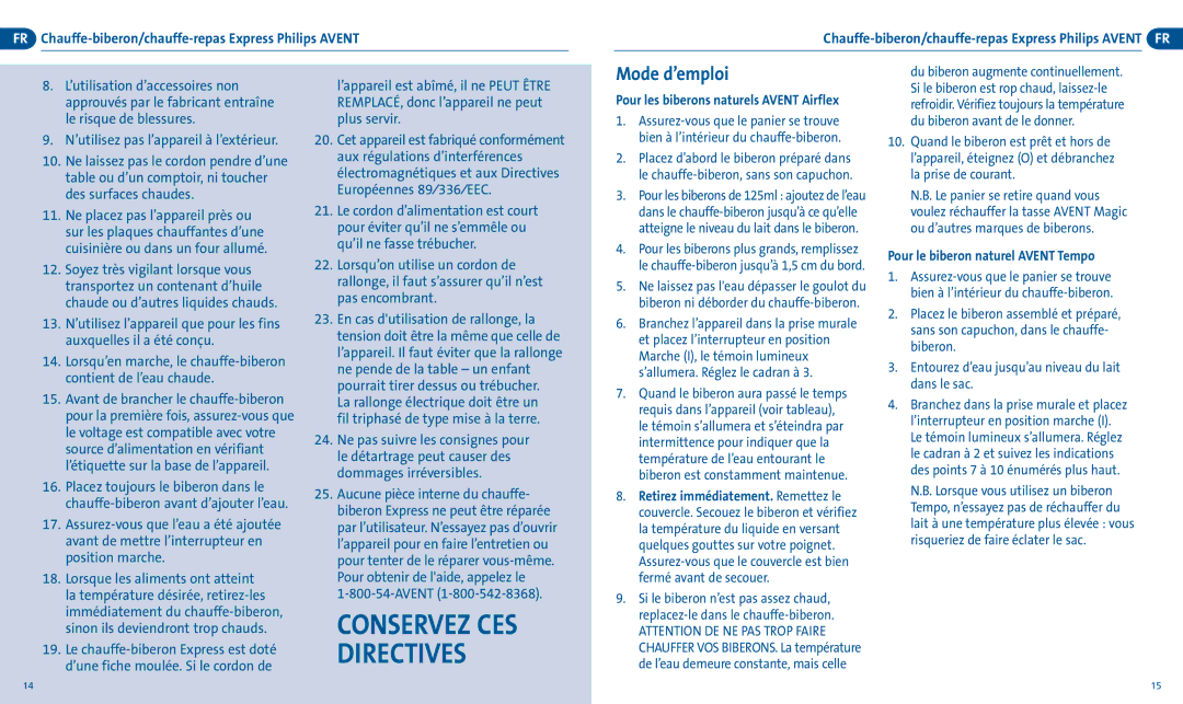 Philips SCF255/33 manual Conservez CES Directives, Mode d’emploi, FR Chauffe-biberon/chauffe-repas Express Philips Avent 