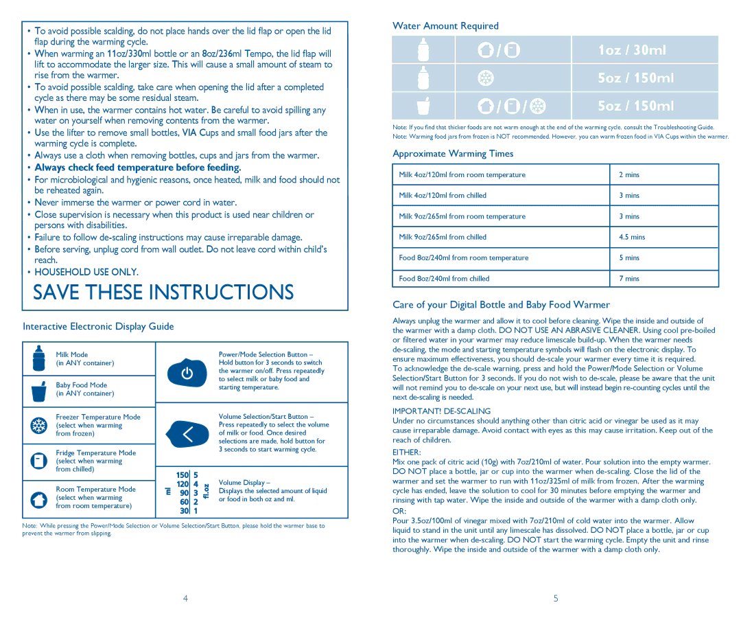 Philips SCF260/33 Always check feed temperature before feeding, Interactive Electronic Display Guide Water Amount Required 