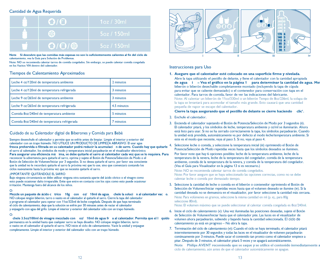 Philips SCF260/33 manual Cantidad de Agua Requerida, Tiempos de Calentamiento Aproximados, Instrucciones para Uso 