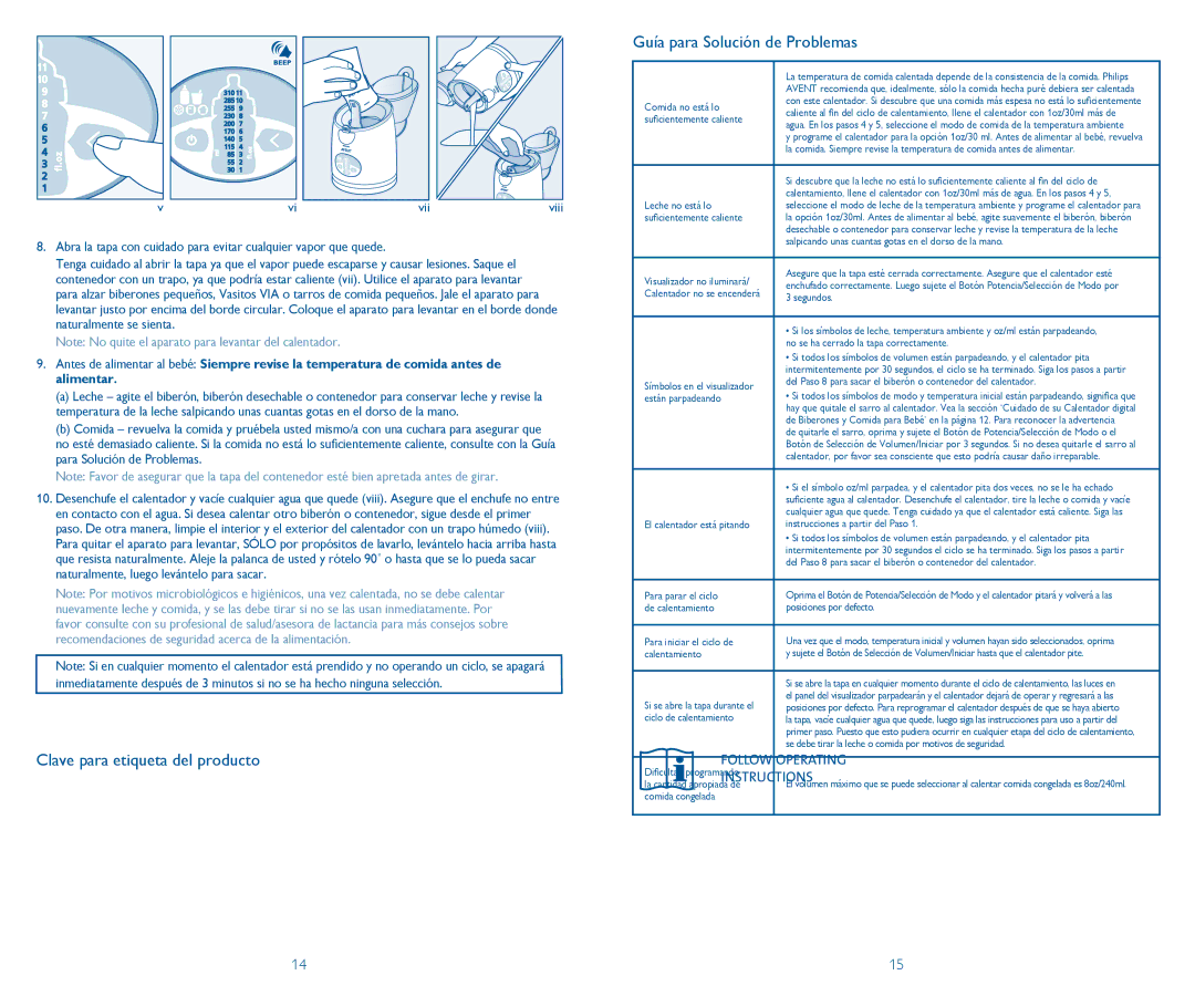 Philips SCF260/33 manual Guía para Solución de Problemas, Clave para etiqueta del producto 