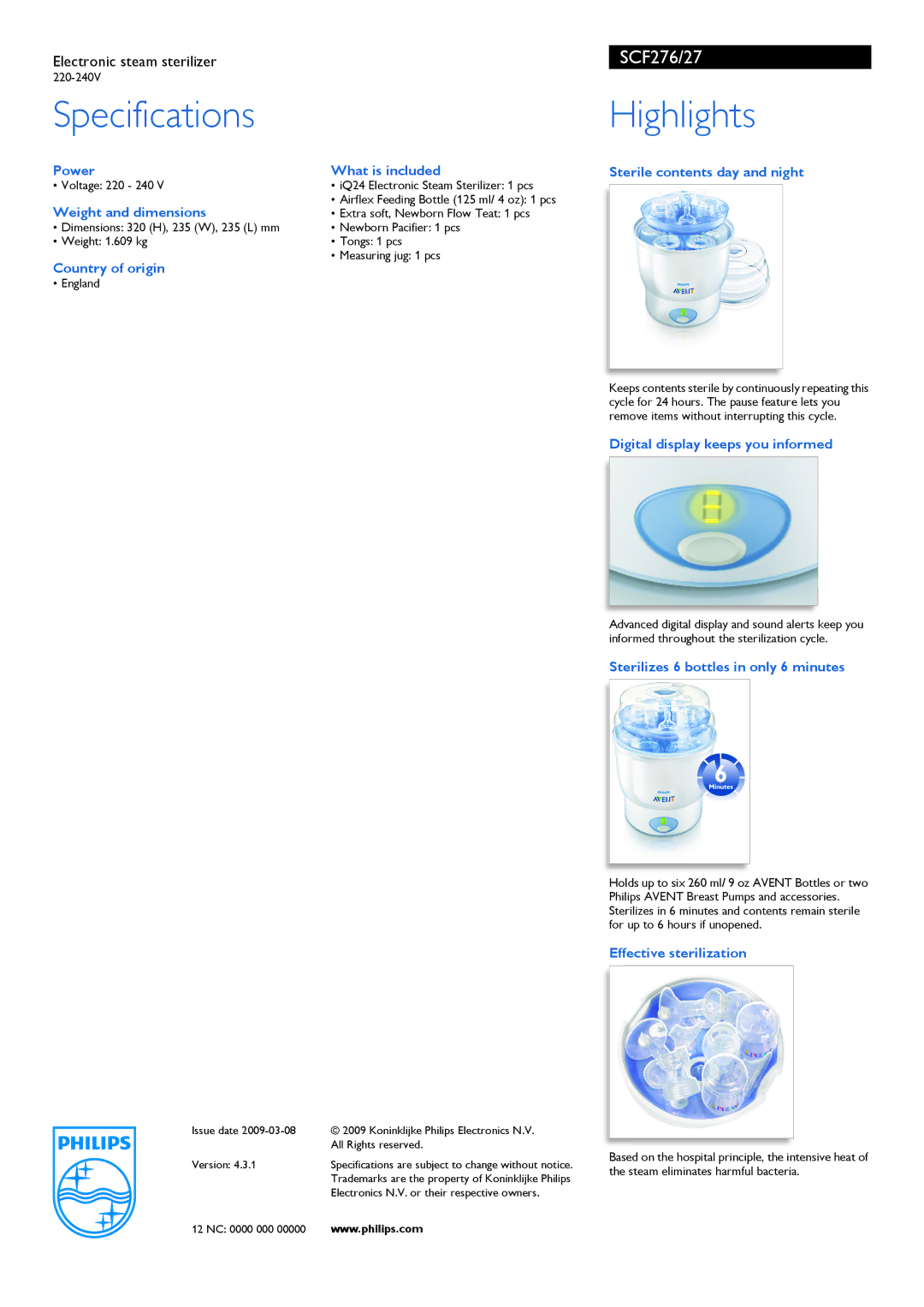 Philips SCF276/27 manual Power What is included Sterile contents day and night, Weight and dimensions, Country of origin 