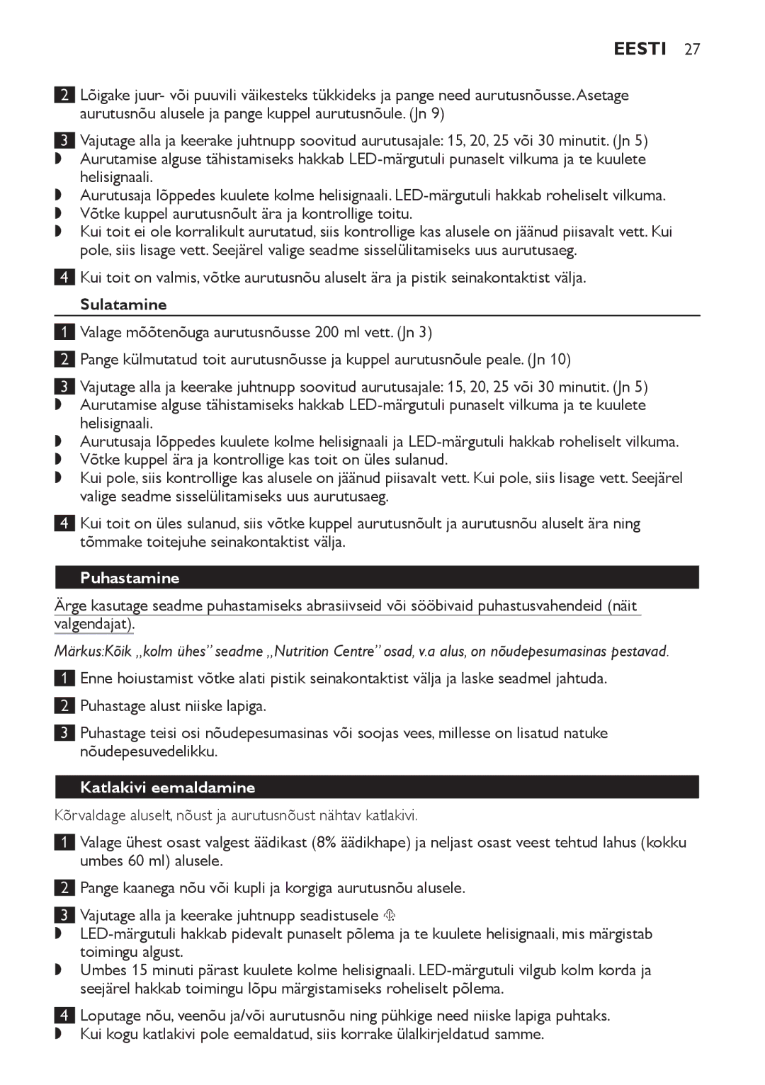 Philips SCF280 manual Sulatamine, Puhastamine, Katlakivi eemaldamine 