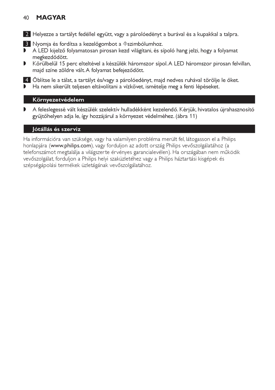 Philips SCF280 manual Környezetvédelem, Jótállás és szerviz 