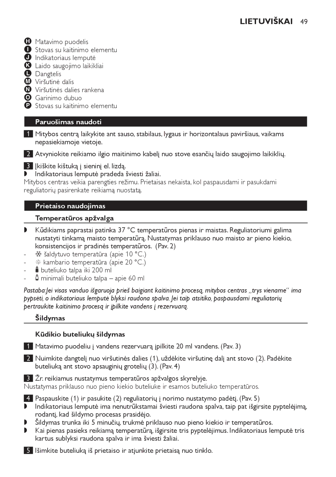 Philips SCF280 manual Lietuviškai, Paruošimas naudoti, Prietaiso naudojimas, Temperatūros apžvalga 