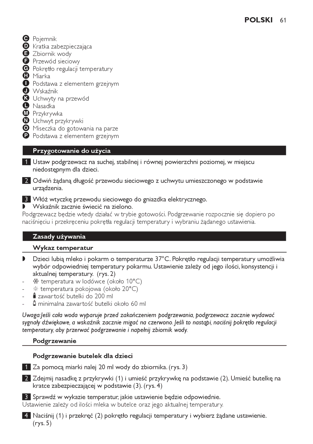 Philips SCF280 manual Polski, Przygotowanie do użycia, Zasady używania, Wykaz temperatur 