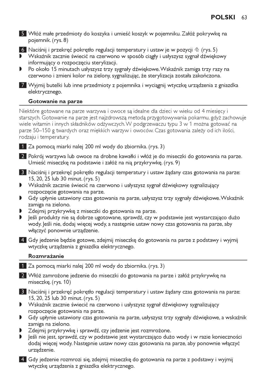 Philips SCF280 manual Gotowanie na parze, Rozmrażanie 