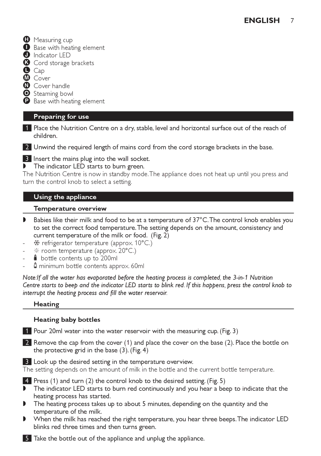 Philips SCF280 manual English, Preparing for use, Using the appliance, Temperature overview, Heating Heating baby bottles 