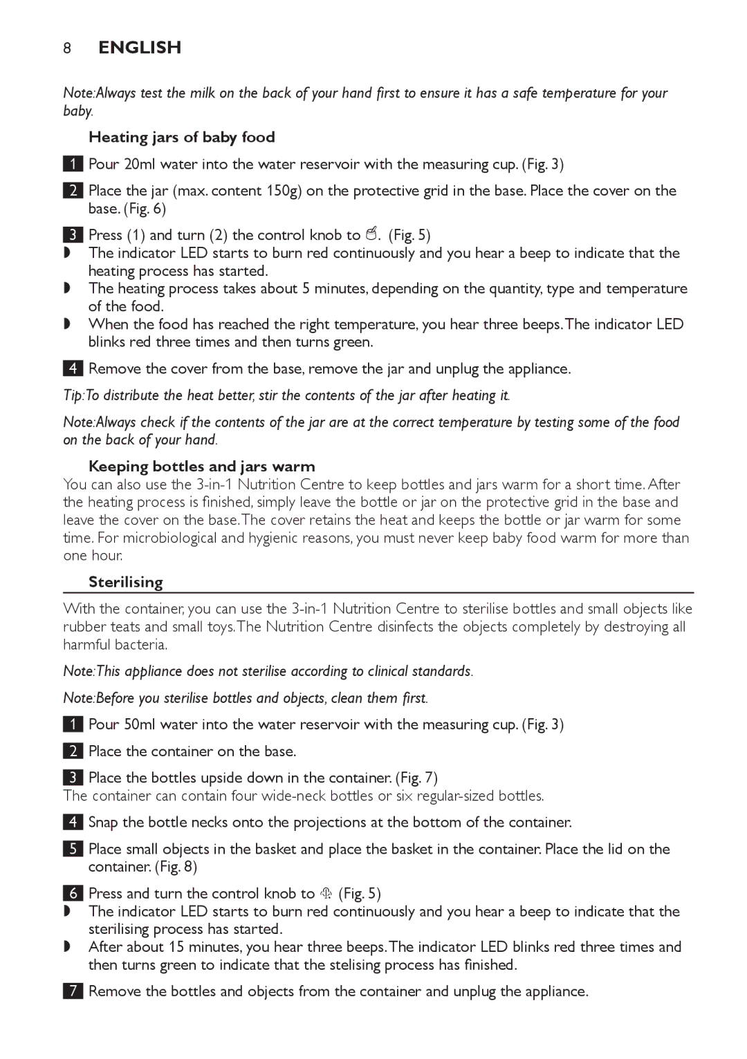 Philips SCF280 manual Heating jars of baby food, Keeping bottles and jars warm, Sterilising 