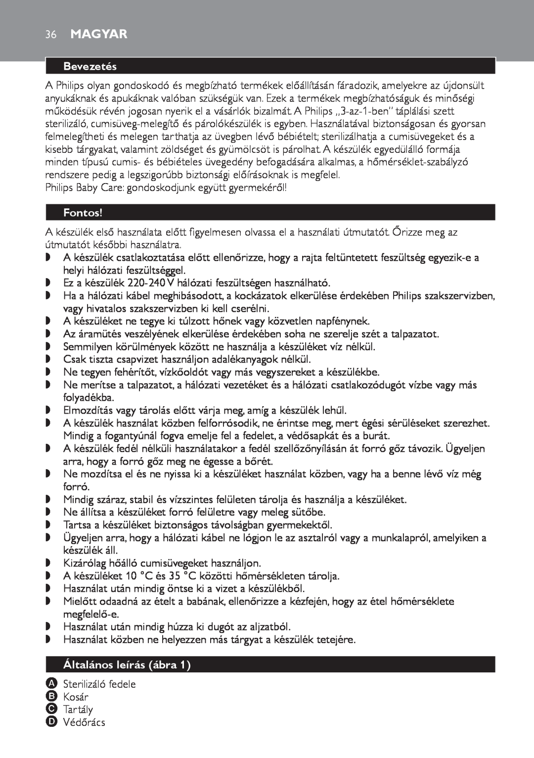 Philips SCF280 manual Magyar, Bevezetés, Fontos, Általános leírás ábra 