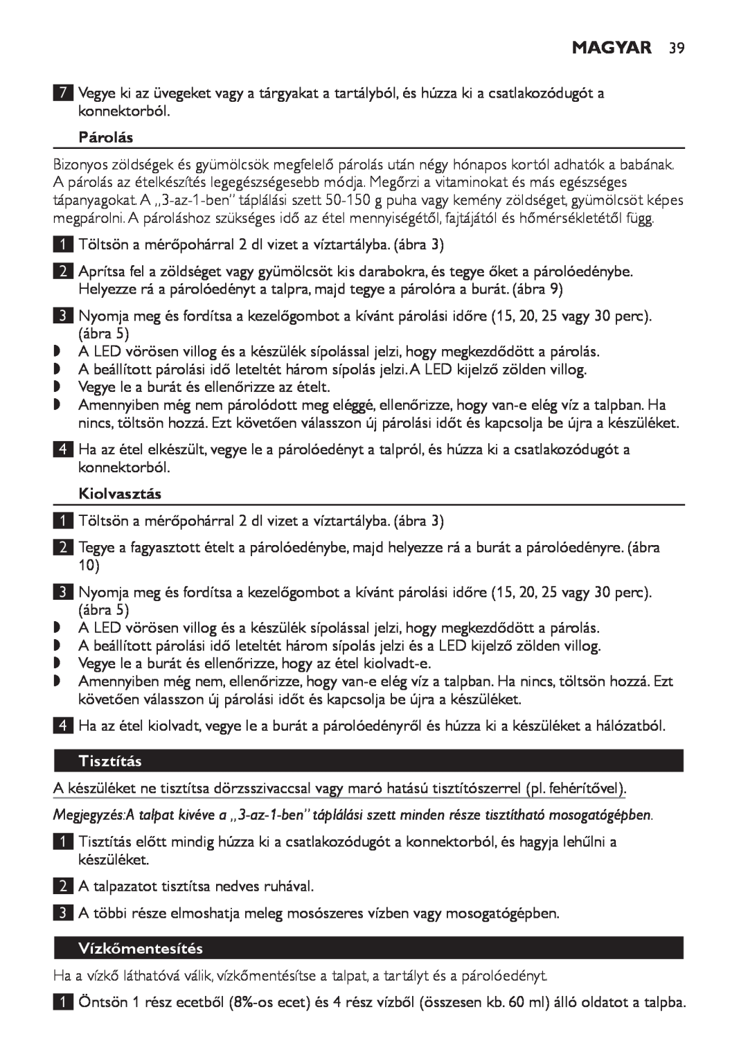 Philips SCF280 manual Párolás, Kiolvasztás, Tisztítás, Vízkőmentesítés, Magyar 