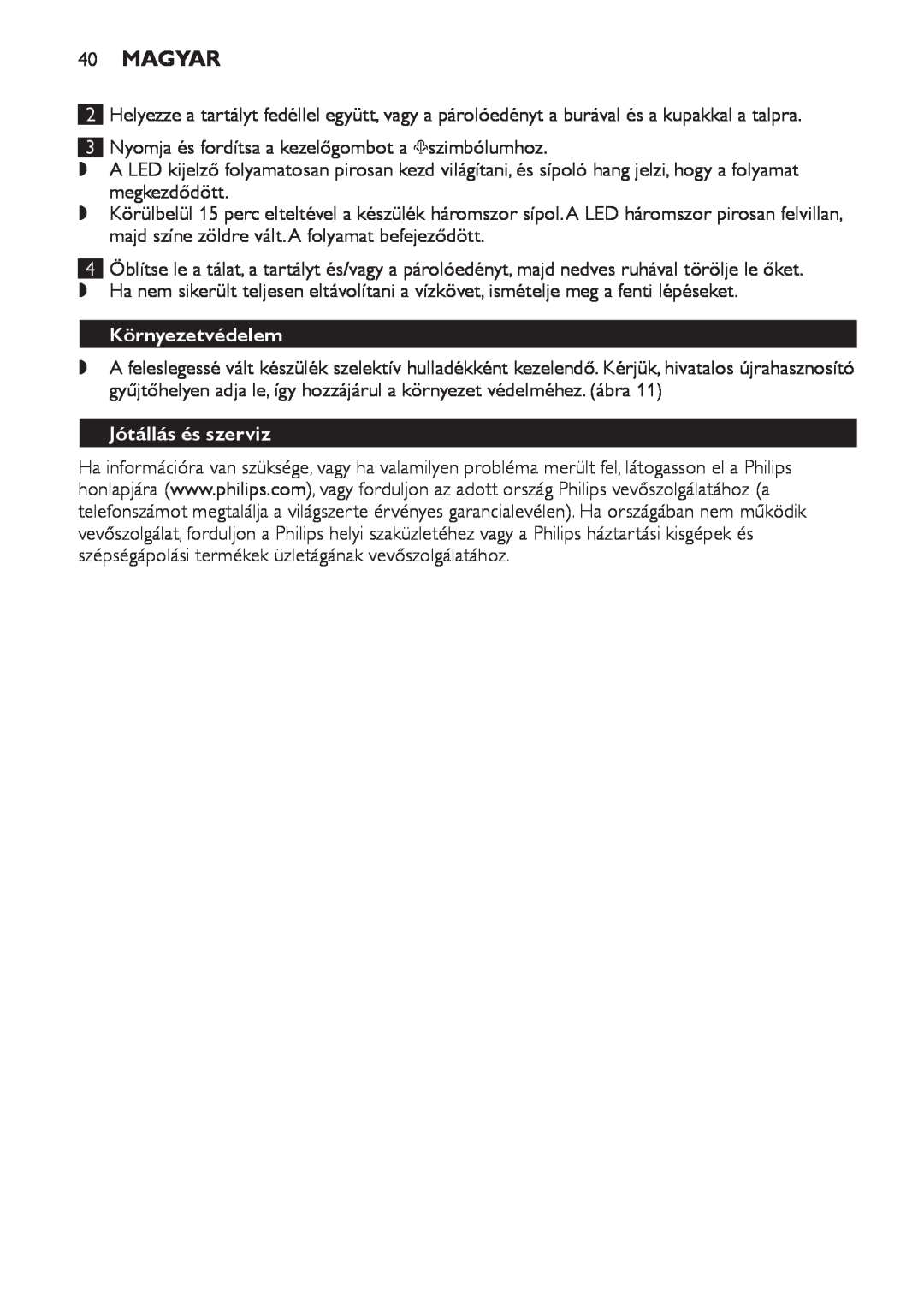 Philips SCF280 manual Magyar, Környezetvédelem, Jótállás és szerviz 