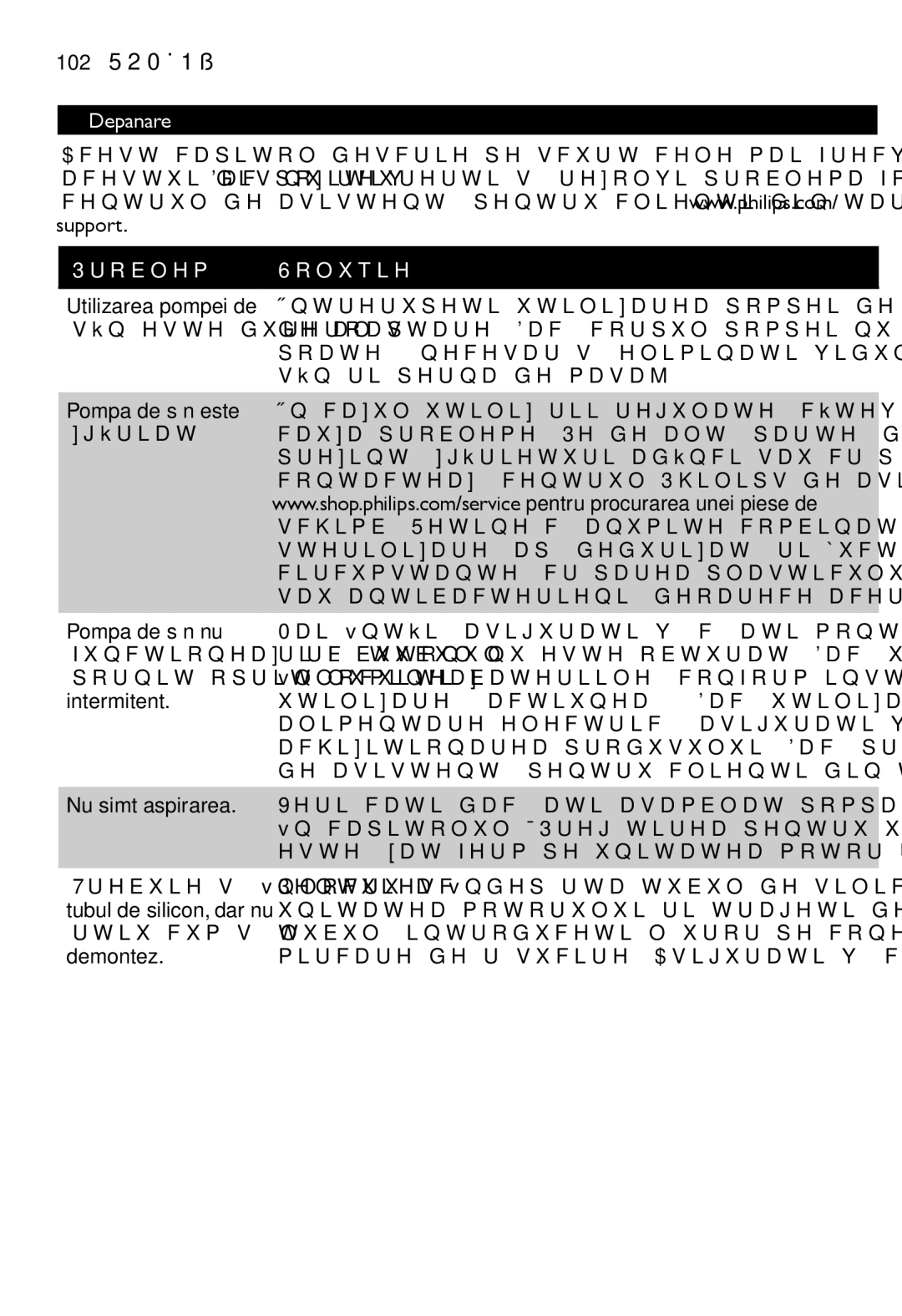 Philips SCF334, SCF332 manual 102 Română, Depanare, ProblemăSoluţie, Nu simt aspirarea 