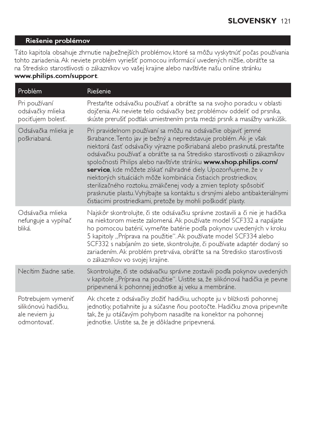 Philips SCF332, SCF334 manual Riešenie problémov, Problém Riešenie 