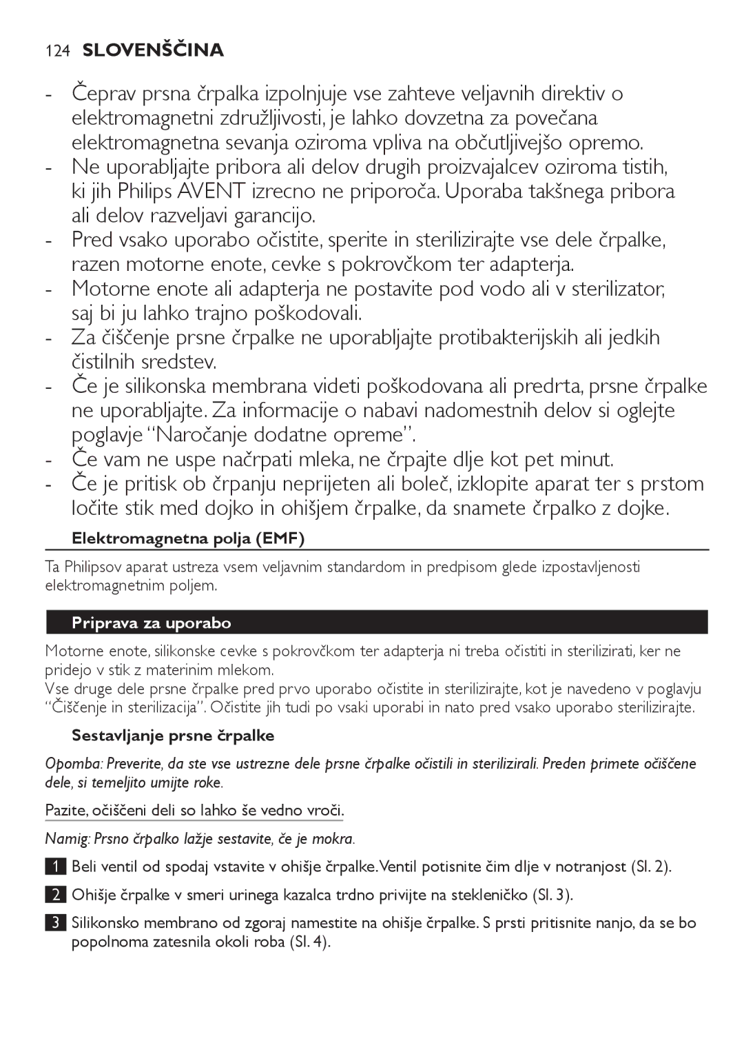 Philips SCF334, SCF332 manual Elektromagnetna polja EMF, Priprava za uporabo, Sestavljanje prsne črpalke 