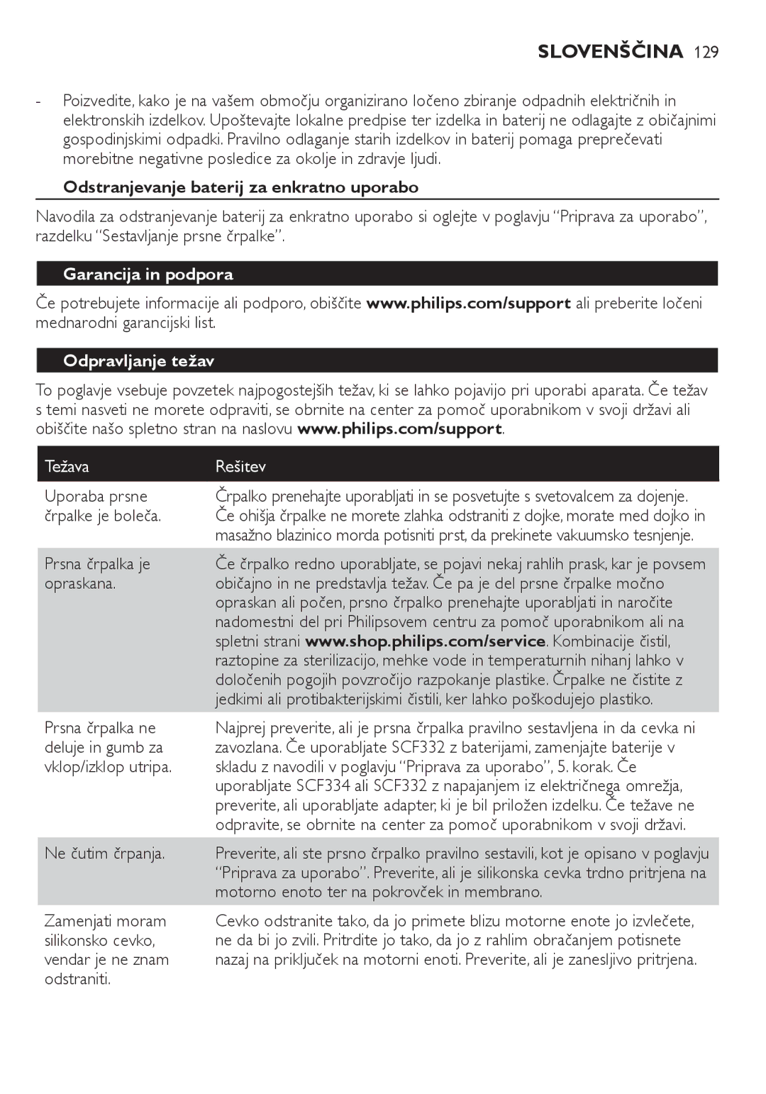 Philips SCF332, SCF334 Odstranjevanje baterij za enkratno uporabo, Garancija in podpora Odpravljanje težav, Težava Rešitev 