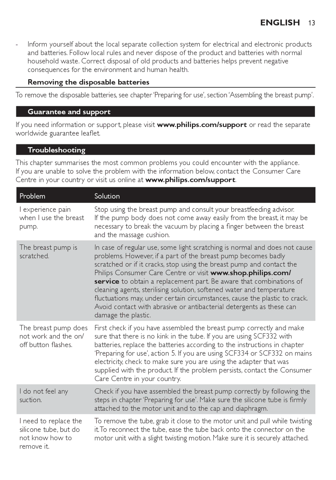 Philips SCF332, SCF334 manual Removing the disposable batteries, Guarantee and support Troubleshooting, Problem Solution 
