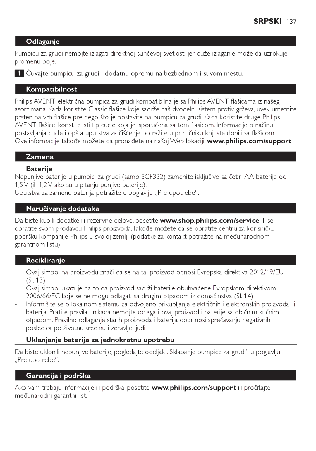 Philips SCF332, SCF334 manual Odlaganje, Kompatibilnost, Zamena, Naručivanje dodataka Recikliranje, Garancija i podrška 
