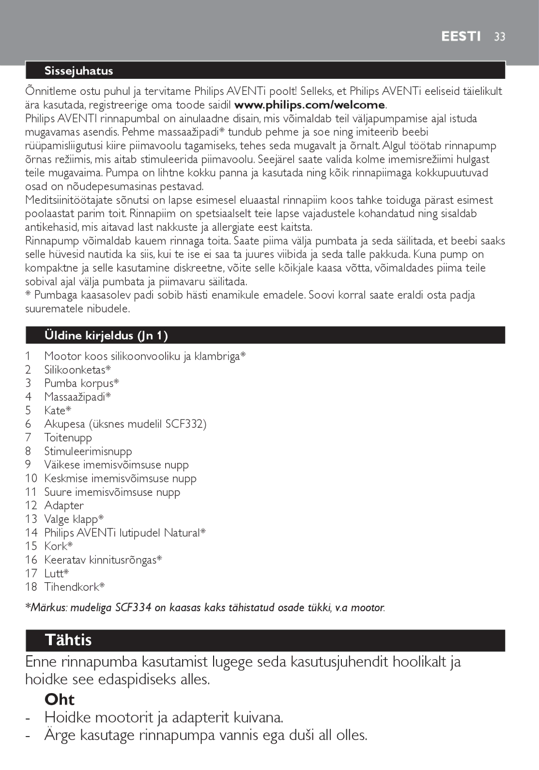 Philips SCF332, SCF334 manual Tähtis, Oht, Eesti, Sissejuhatus, Üldine kirjeldus Jn 1 