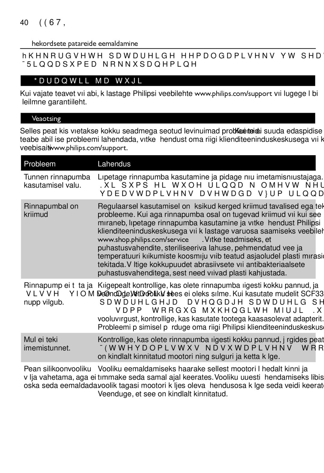 Philips SCF334, SCF332 manual Ühekordsete patareide eemaldamine, Garantii ja tugi Veaotsing, Probleem Lahendus 