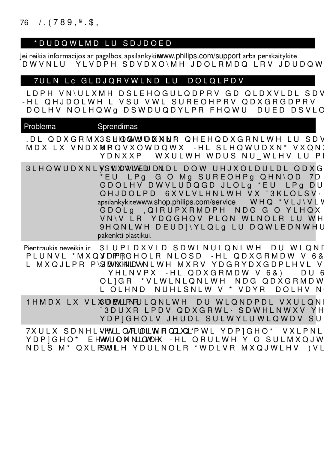 Philips SCF334, SCF332 manual Garantija ir pagalba Trikčių diagnostika ir šalinimas, Problema Sprendimas 