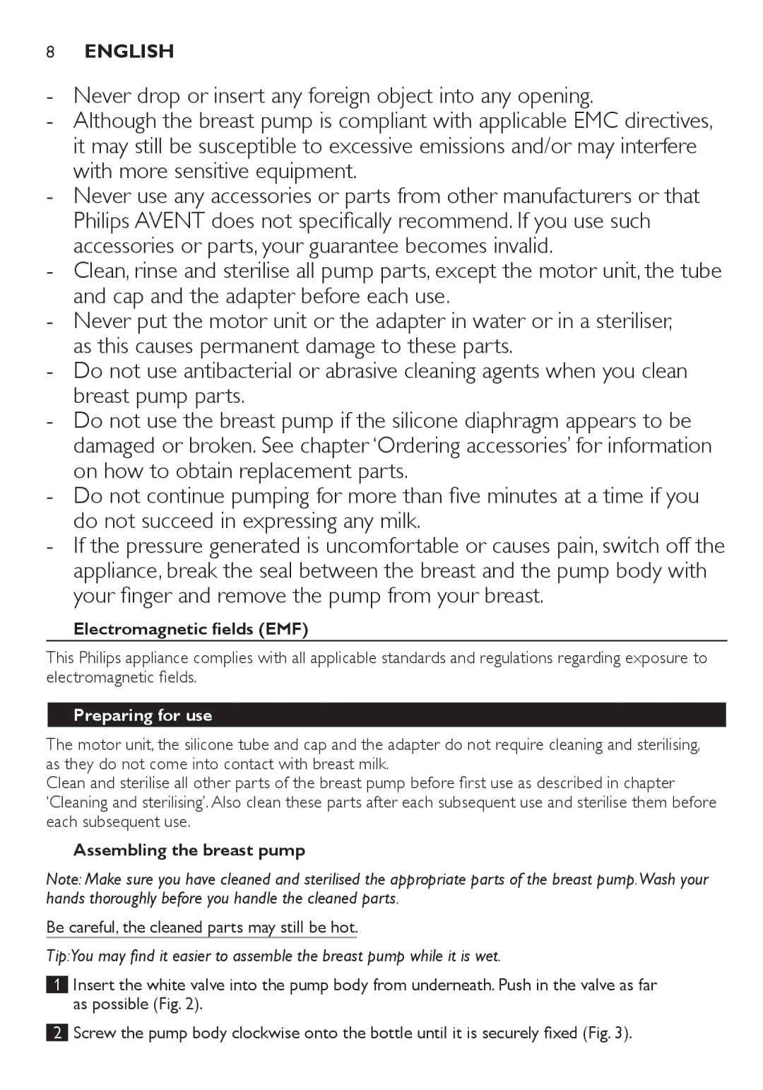 Philips SCF334, SCF332 manual Electromagnetic fields EMF, Preparing for use, Assembling the breast pump 