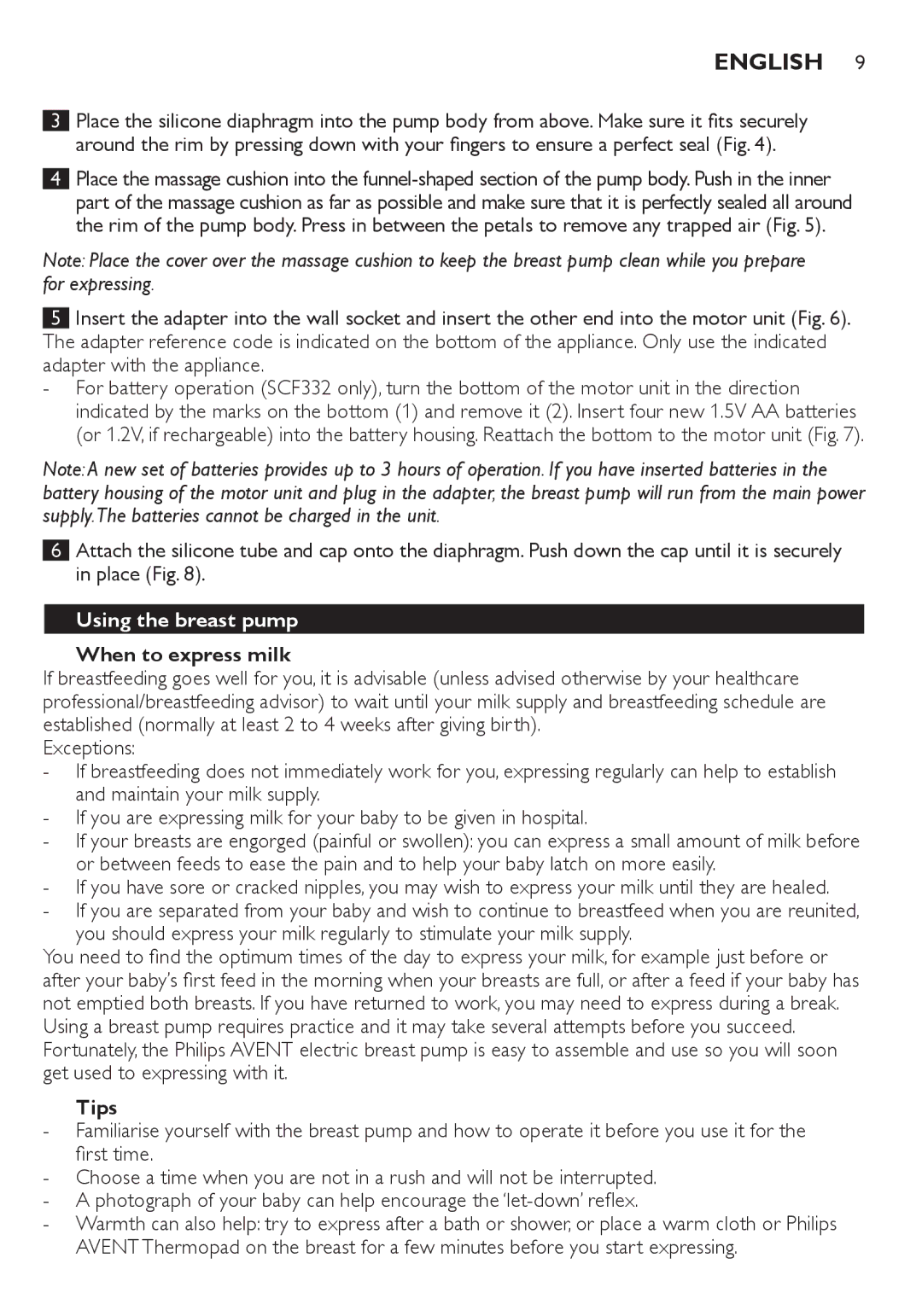 Philips SCF332, SCF334 manual Using the breast pump, When to express milk, Tips 