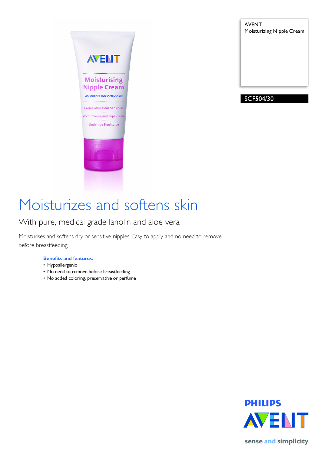 Philips SCF504/30 manual Moisturizes and softens skin, With pure, medical grade lanolin and aloe vera 