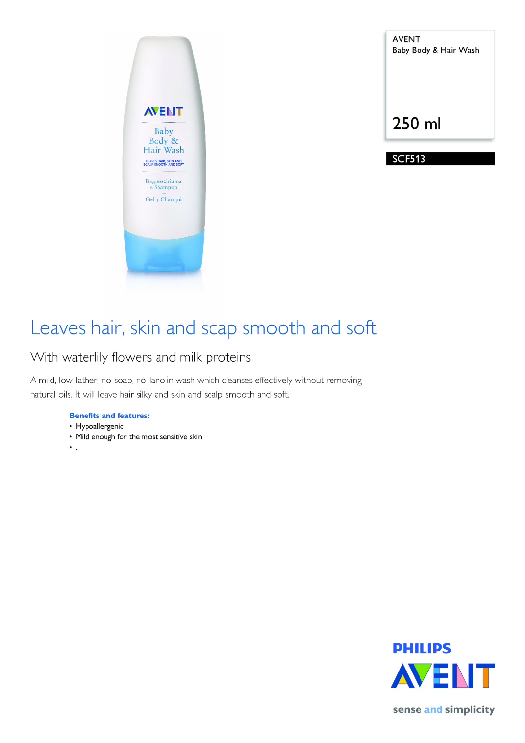 Philips SCF513/25 manual Leaves hair, skin and scap smooth and soft, With waterlily flowers and milk proteins 