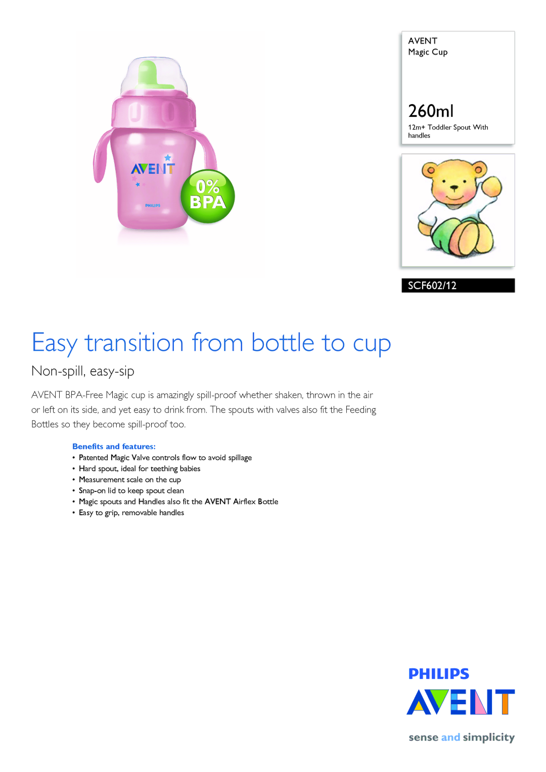 Philips SCF602/12 manual Easy transition from bottle to cup, Non-spill, easy-sip, Benefits and features 