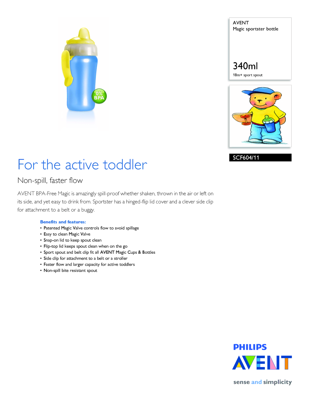 Philips SCF604/11 manual For the active toddler, Non-spill, faster flow, Benefits and features 