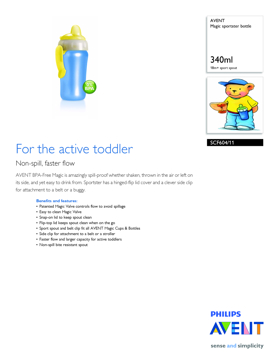 Philips SCF604/11 manual For the active toddler, 340ml, Non-spill, faster flow 