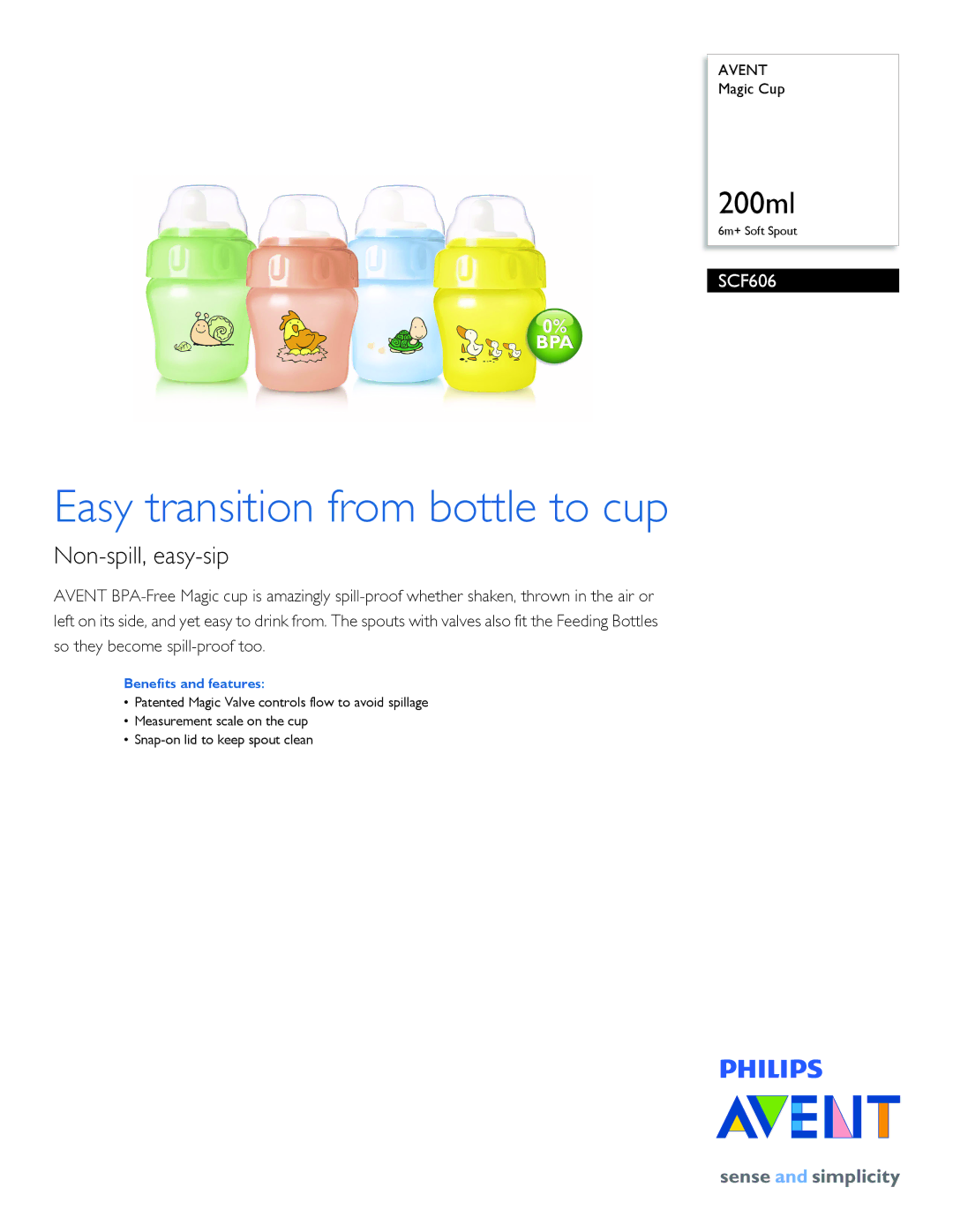 Philips SCF606/01 manual Easy transition from bottle to cup, Non-spill, easy-sip, Benefits and features, 6m+ Soft Spout 