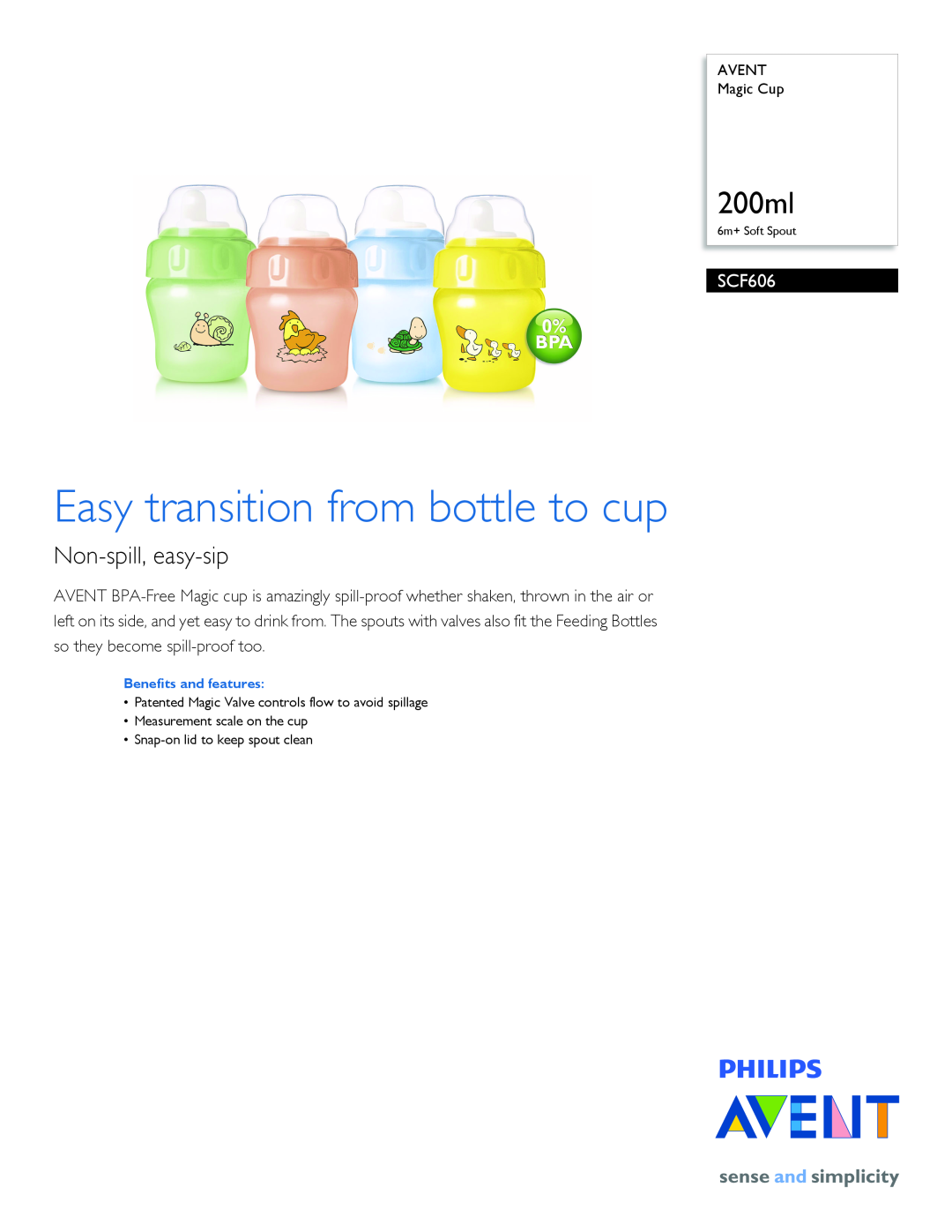 Philips SCF606/01 manual Easy transition from bottle to cup, 200ml, Non-spill, easy-sip 